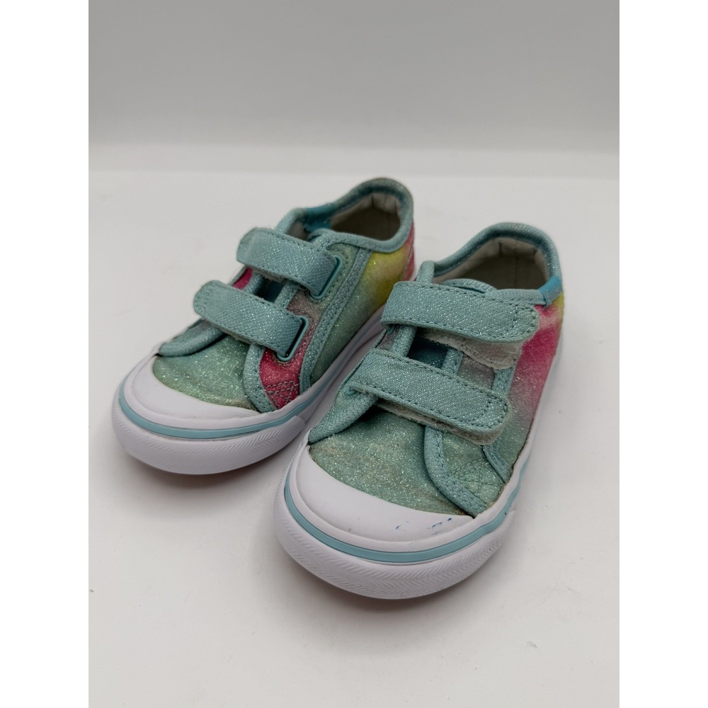 Keds Kids Glittery Hook & Loop Turquoise Multi-stripe Colorway Sneakers Size 7